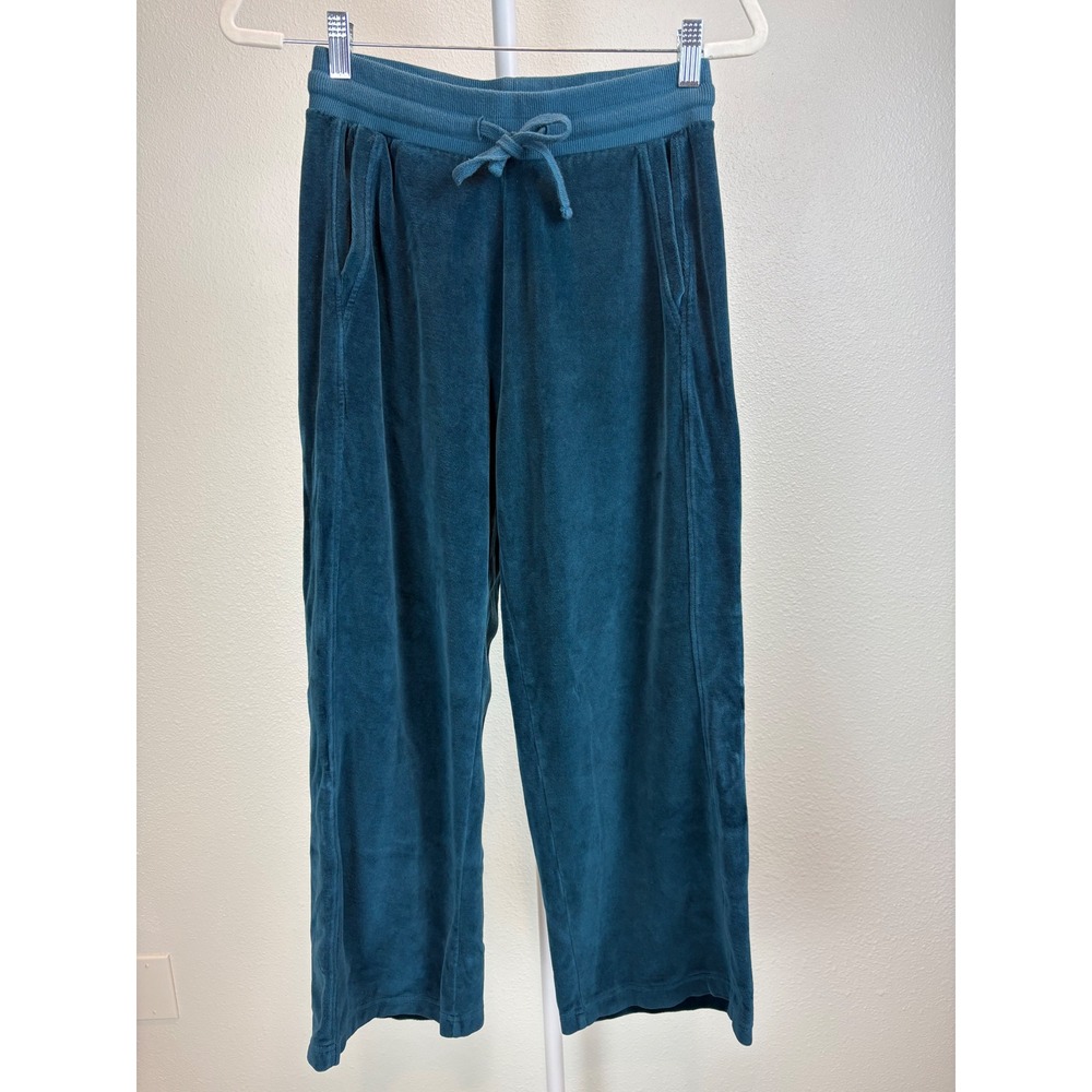 Pact Womens XS Teal Organic Cotton Velour Wide Leg Drawstring Lounge Pants